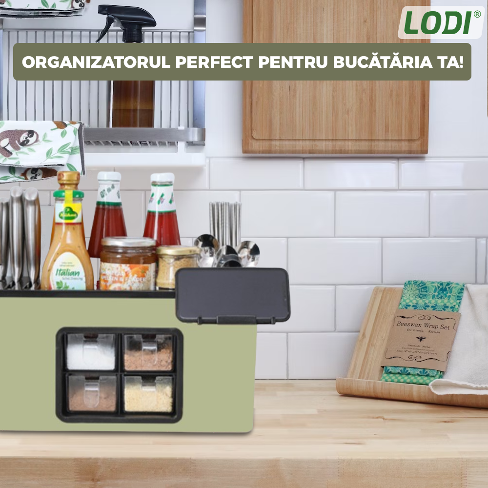 Organizator Multifunctional pentru Bucatarie Lodi536, 4 Compartimente, raft condimente, suport detasabil telefon, tavita de scurgere, suport tacamuri/ustensile, verde deschis