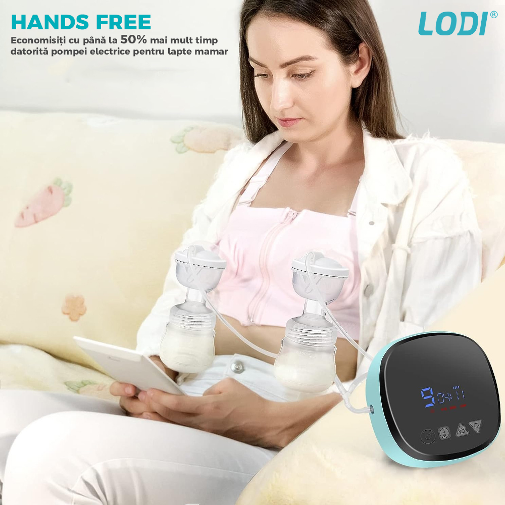 Pompa de San Electrica Dubla Lodi44, 3 functii, 9 niveluri de intensitate, 2 biberoane, masaj, stimulare, suctiune, afisaj digital, capacitate 300ml, albastru