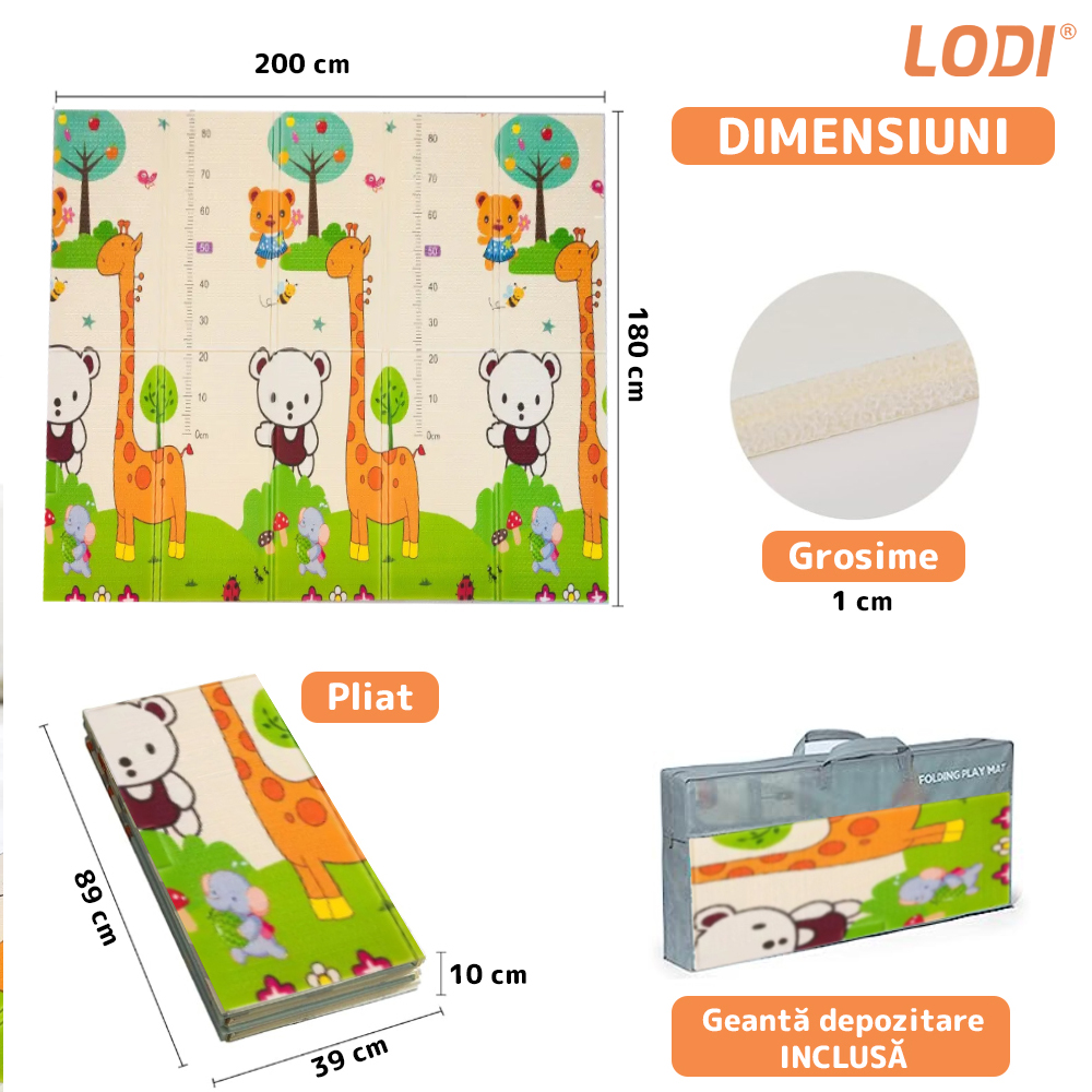 Covoras de Joaca pentru Copii Lodi289, 2 fete, termic, anti-derapant, pliabil, protectie impotriva loviturilor, animale si numere, 200x180cm, grosime 1 cm, multicolor