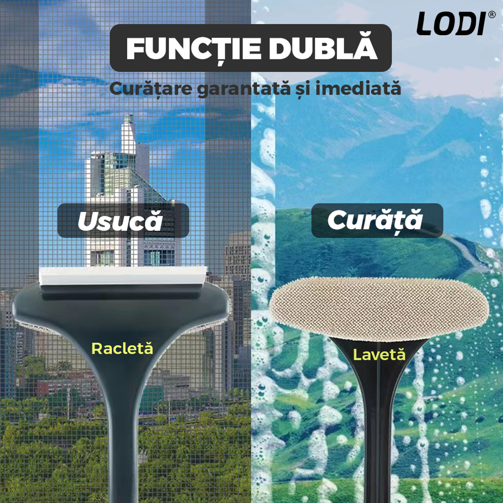 Stergator 2 in 1 Lodi1092, design dual cu laveta si racleta, maner detasabil, curatare si lustruire, ideal pentru toate tipurile de suprafete, gri/galben