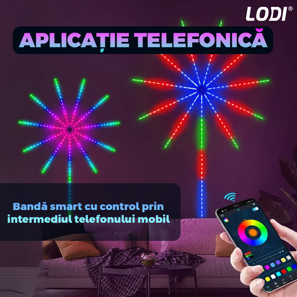 Kit Banda LED RGB Lodi420, model artificii, inteligenta cu intensitate de lumina si culori reglabile, control prin telecomanda cu 24 taste si aplicatie telefonica, 5050RGB, utilizare exterior IP65, 10 m, multicolora