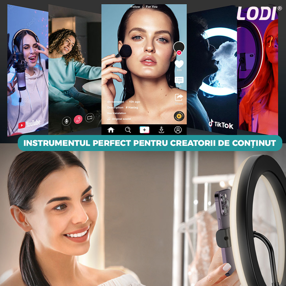 Lampa Circulara Ring Light Lodi207, Diametru 45cm/18 Inch, 3 moduri de lumina, 10 trepte reglaj, telecomanda si trepied 210 cm incluse, suport triplu telefon, compatibilitate universala, alb