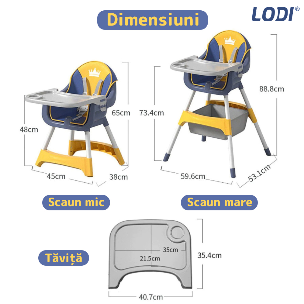 Scaun de Masa 3in1 pentru Bebelusi si Copii Lodi89, inaltime ajustabila, centura de siguranta in 5 puncte, tavita reglabila si detasabila, loc depozitare jucarii, albastru