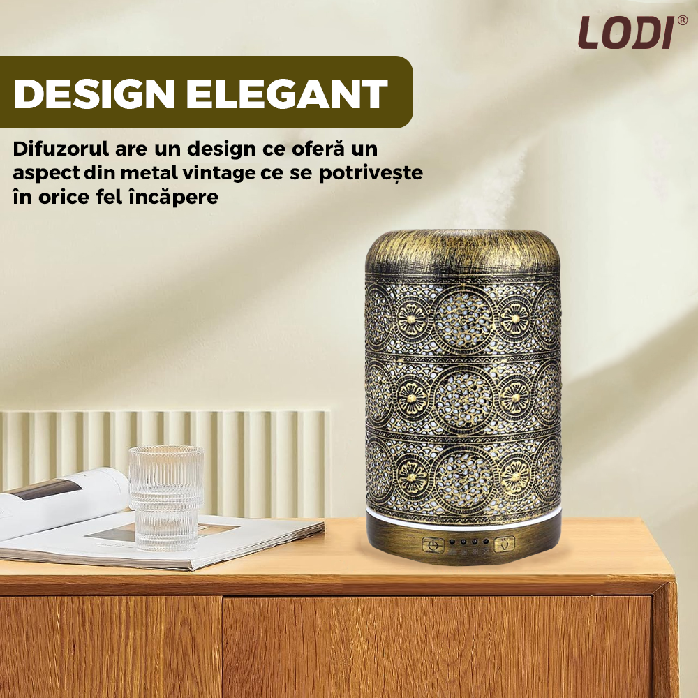 Difuzor Aromaterapie Lodi605, din metal, design vintage, 7 culori LED, 2 jocuri de lumini, capacitate 250ml, silentios, umidifica aerul, bronz