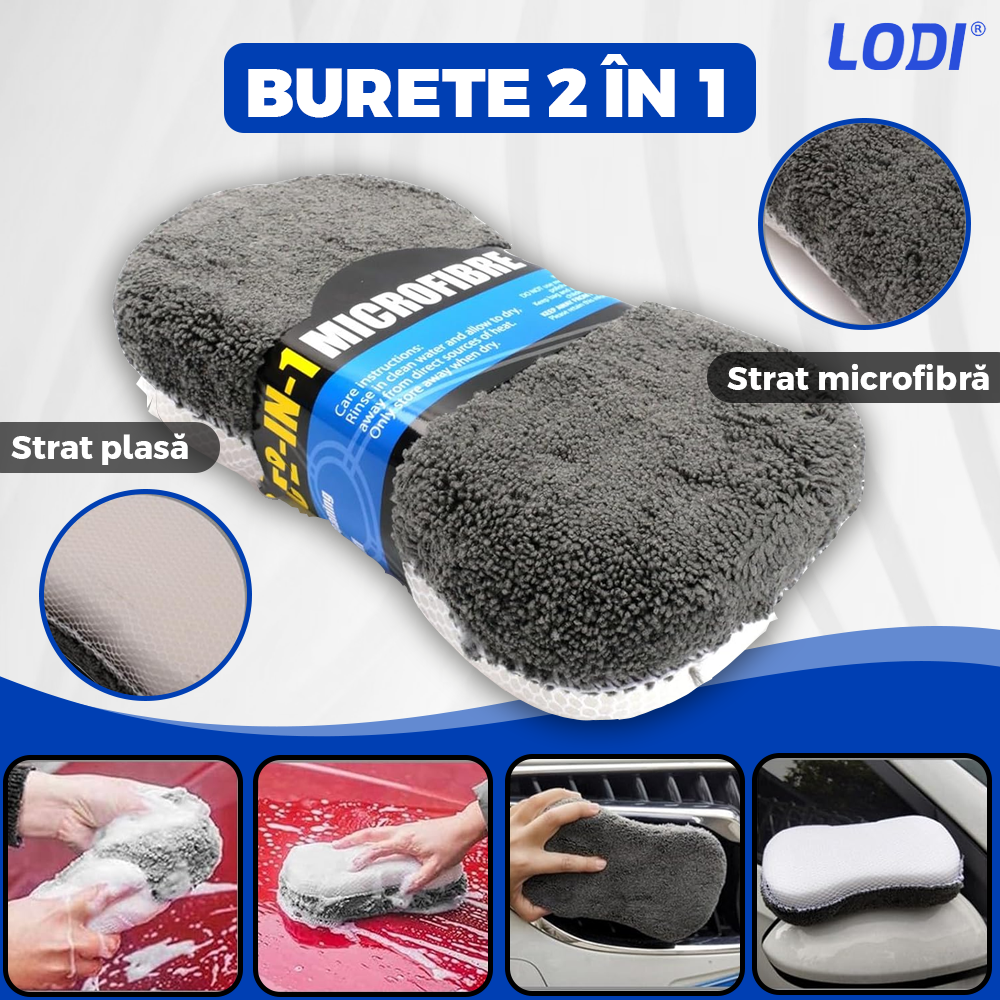 Kit pentru Curatare si Detailing Auto Lodi724, interior/exterior, pamatuf, manusa, burete dublu, 3 lavete, 3 piese pentru lustruire, microfibra, gri