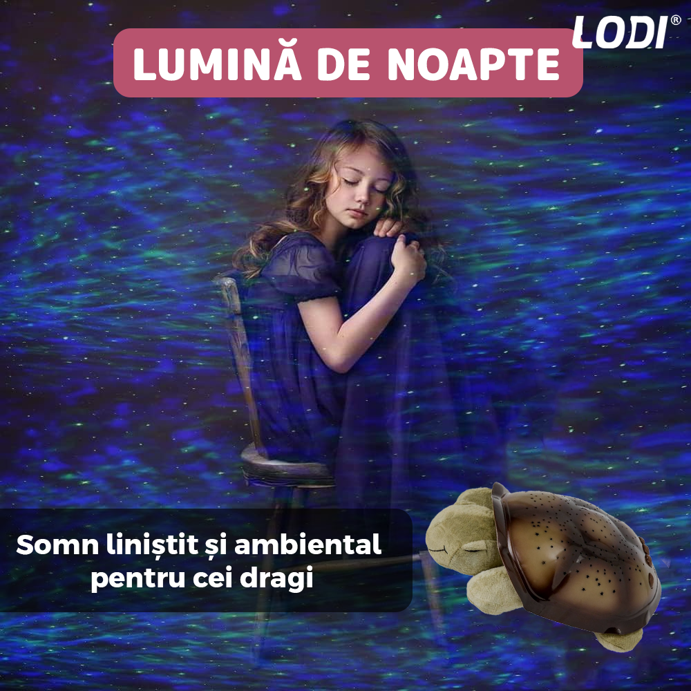Lampa de Veghe Testoasa Lodi1423, proiector de lumini, 8 constelatii, lumina RBG, 2 cantece de adormit copiii, pufoasa si moale, mod inchidere automata, roz