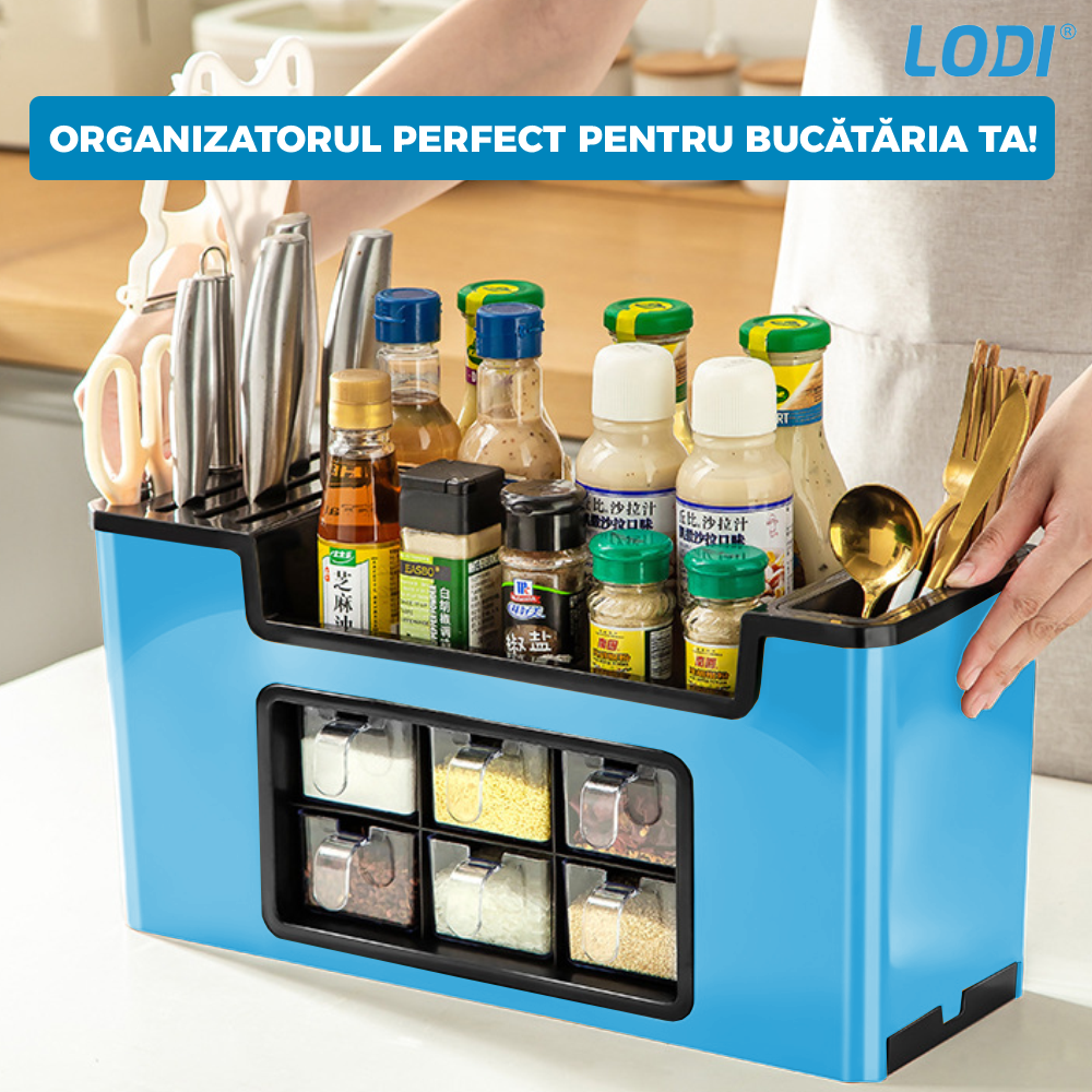 Organizator Multifunctional pentru Bucatarie Lodi602, 6 Compartimente, raft condimente, suport detasabil telefon, tavita de scurgere, suport tacamuri/ustensile, albastru