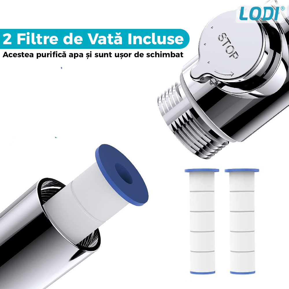 Para de Dus Turbo Lodi196, 2 filtre extra, buton On/Off, presiune ajustabila, filtrare apa, jet uniform, cap Rotativ 360°, albastru