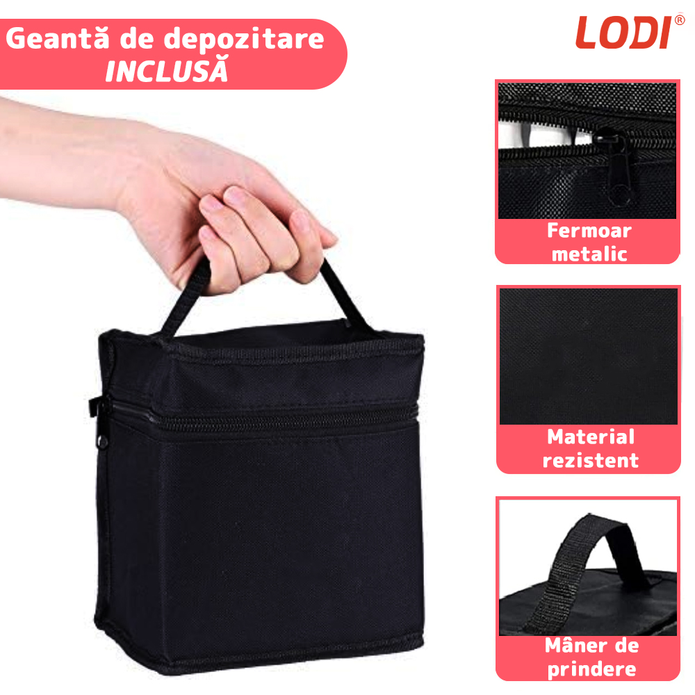 Set 48 Markere Lodi15, geanta de depozitare inclusa, 2 tipuri de varf, pe baza de alcool, culori intense, multicolor