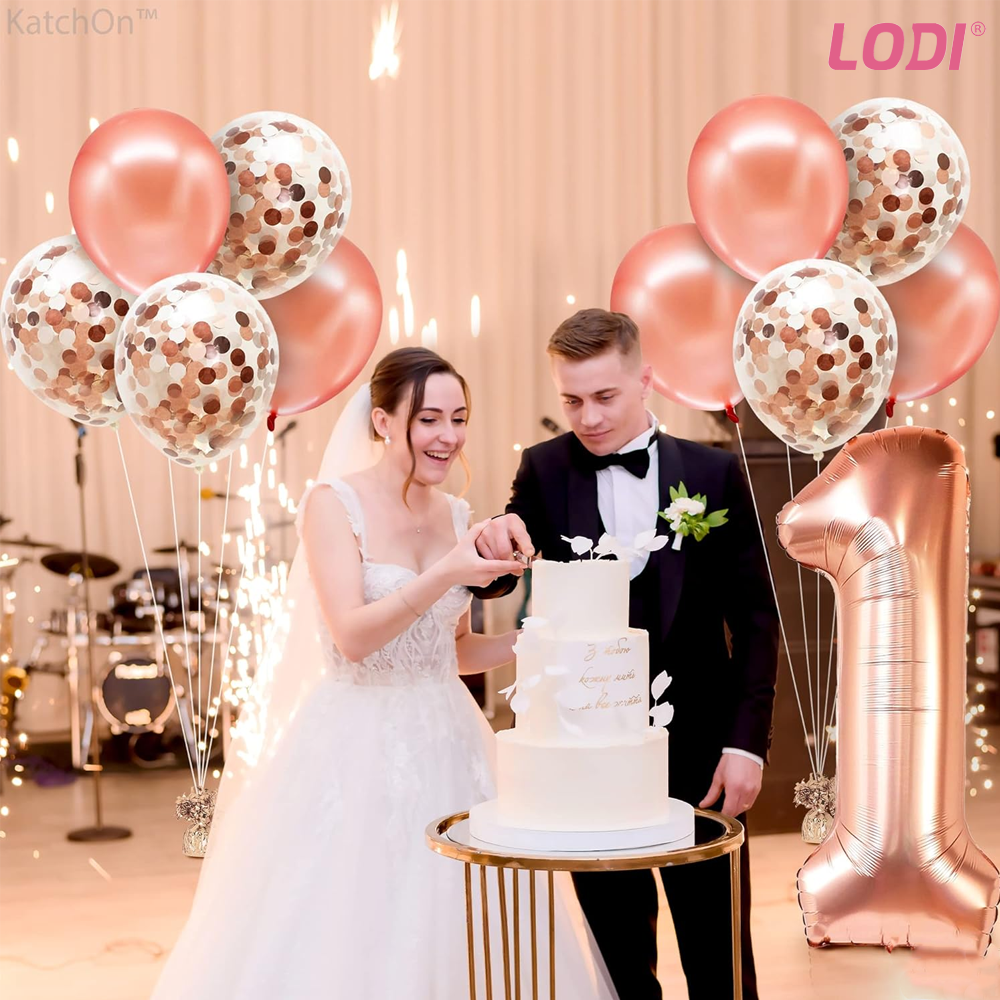 Set 12 Baloane Lodi1060, Cifra 1, pentru Petreceri/Aniversari/Evenimente, Stea/Rotunde/Confetti, 3 culori, latex, rose gold