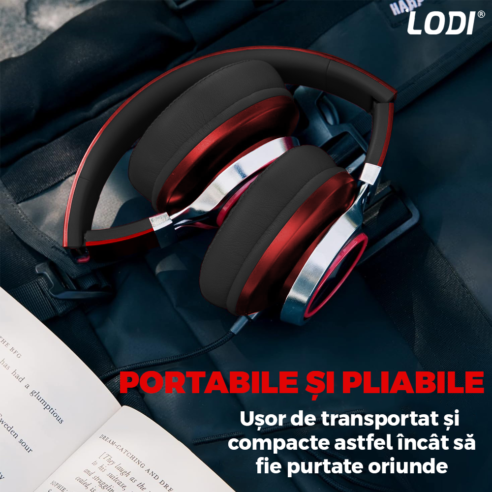 Casti Wireless Lodi962, overear, bluetooth 4.2, extra bass, blocare sunete externe, slot card TF, functii multiple, rosu