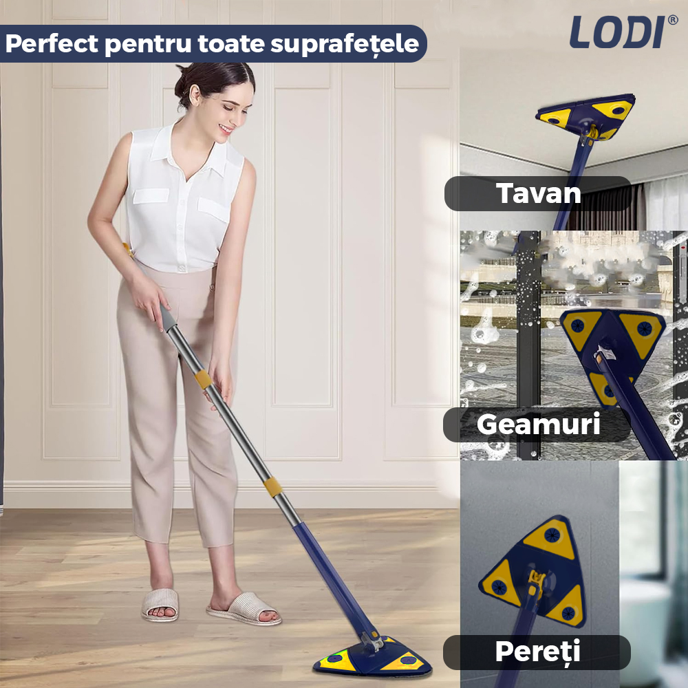 Mop cu Cap Triunghiular Lodi1145, rotire 360 grade, telescopic, curatare usoara, 2 lavete incluse, 127 cm, albastru/galben deschis