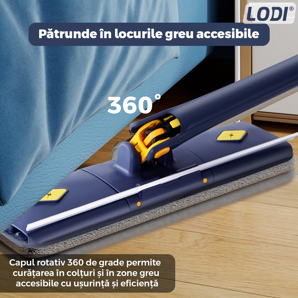 Mop cu Cap Dreptunghiular Lodi1178, rotire 360 grade, telescopic, curatare usoara, 2 lavete incluse, 123 cm, albastru/galben