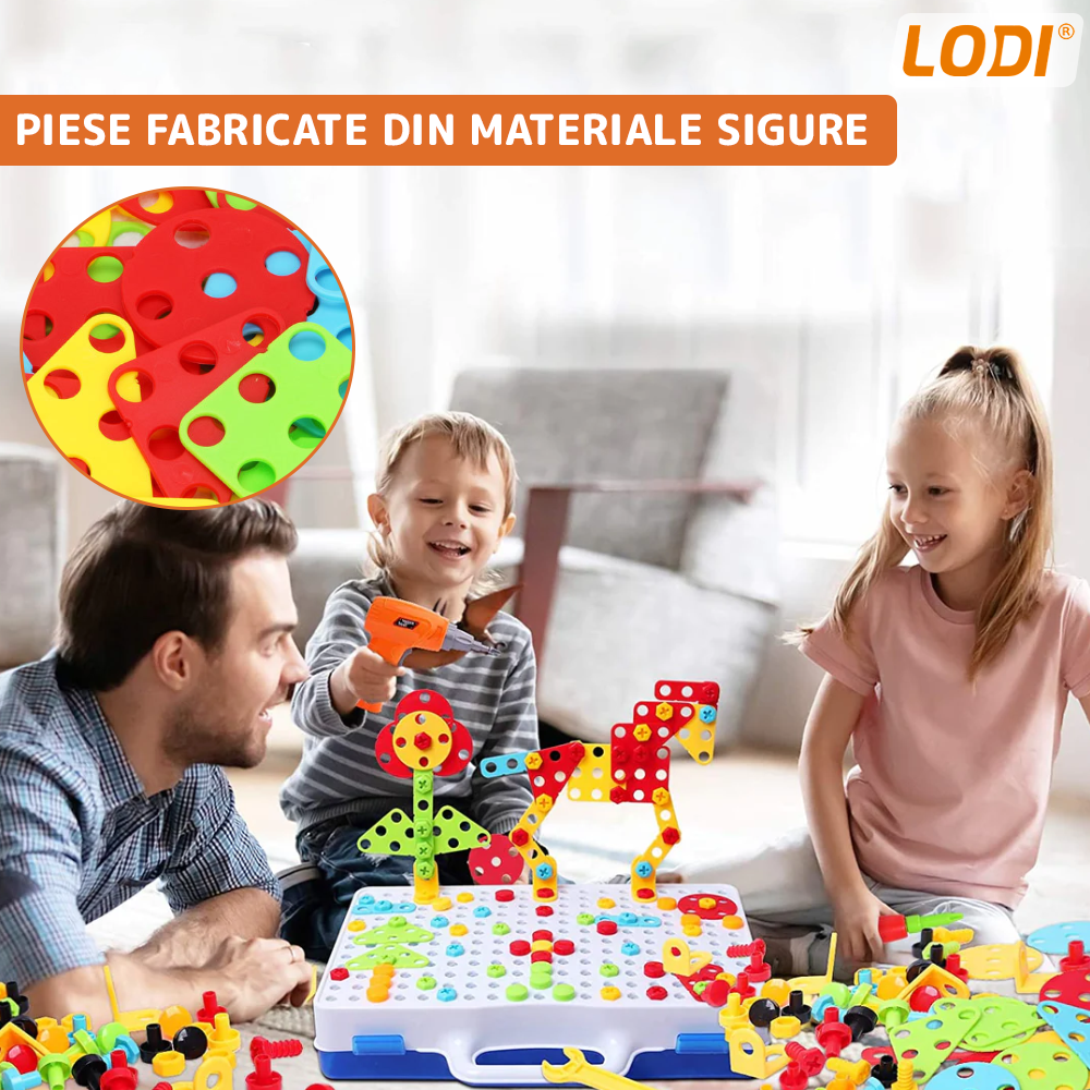 Jucarie Educativa si Interactiva 4in1 Lodi515, 237 piese, bormasina pentru inginerie, pentru fete si baieti, manual inclus, puzzle 3D/2D, montessori, dezvoltare STEM, multicolor