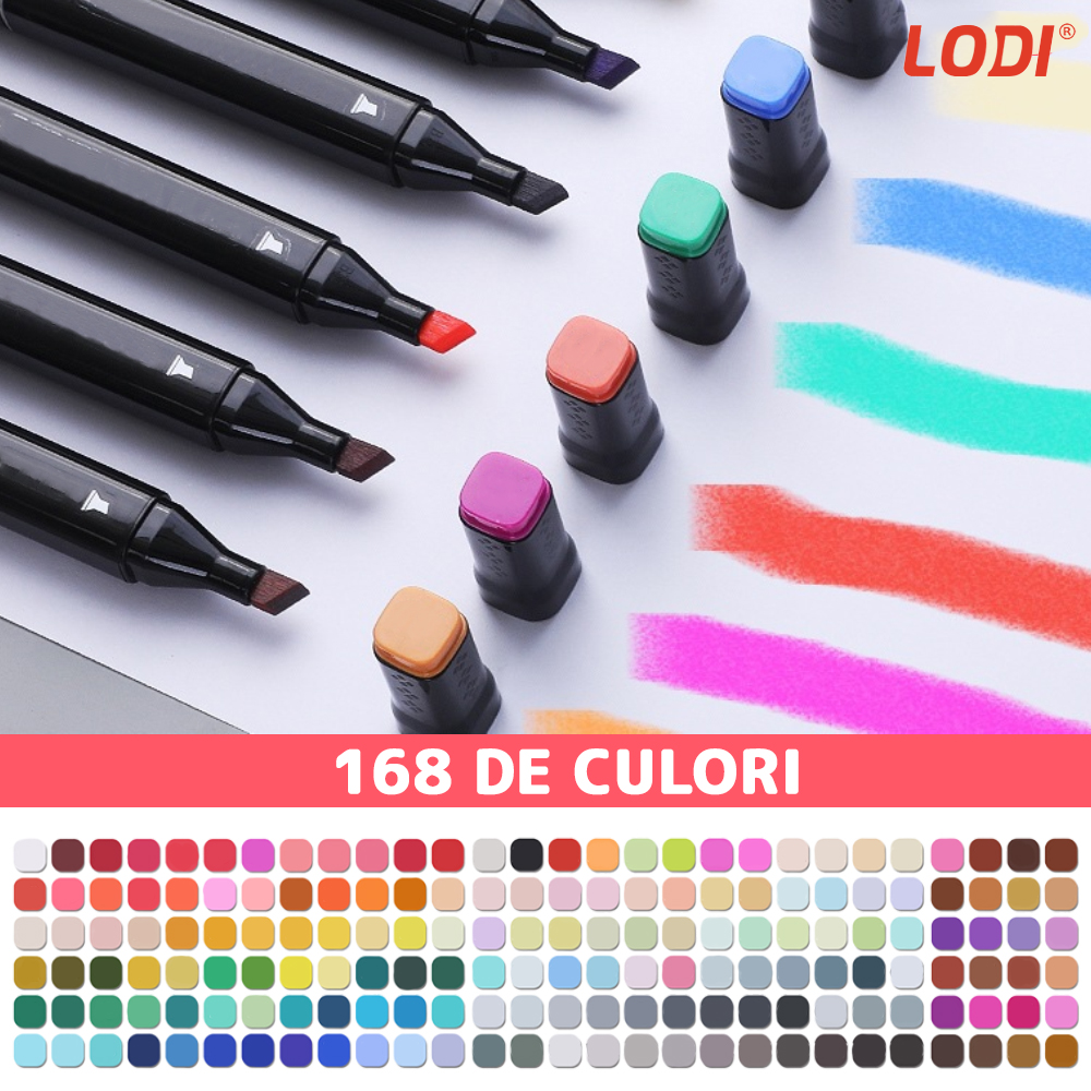 Set 168 Markere Lodi19, geanta de depozitare inclusa, 2 tipuri de varf, pe baza de alcool, culori intense, multicolor