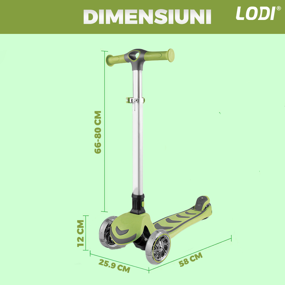 Trotineta pentru Copii cu Lumini Lodi1050, 3 roti, pliabila, anti-aluncare, inaltime ajustabila, stabila, frana, incorporata, 3-11 ani, verde