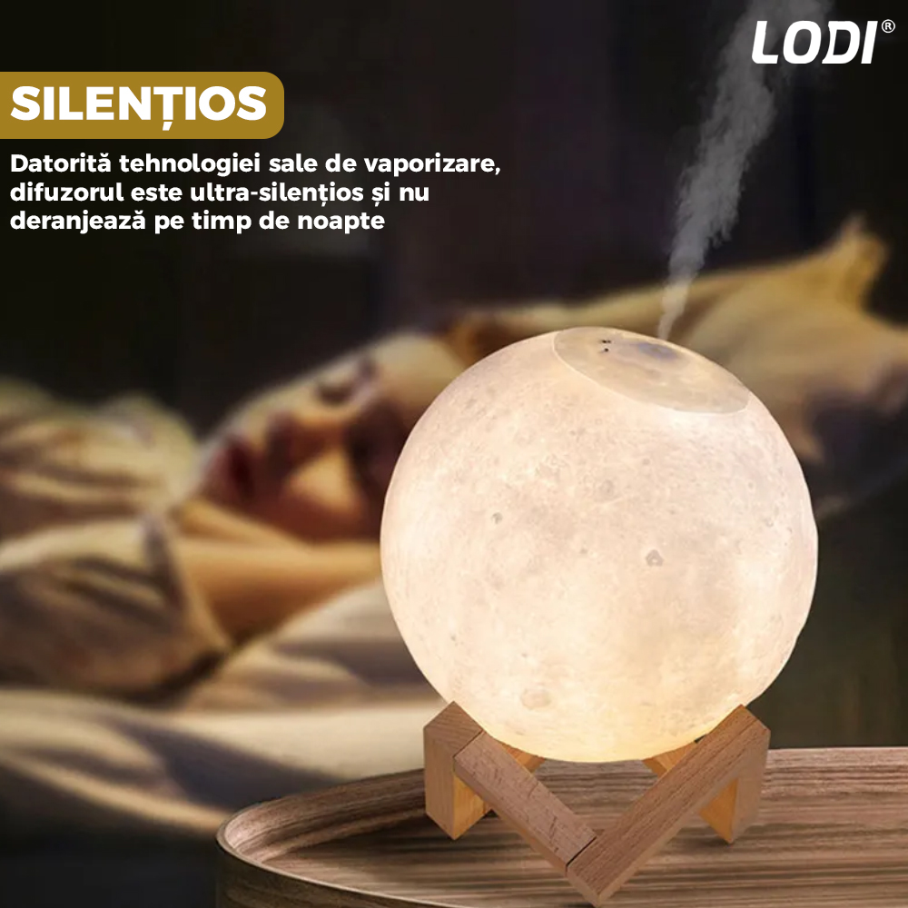 Difuzor Aromaterapie 2in1 Lodi229, 3 moduri de iluminare, capacitate 1500ml, lampa de veghe, silentios, alimentare USB, model luna, umidifica aerul, alb