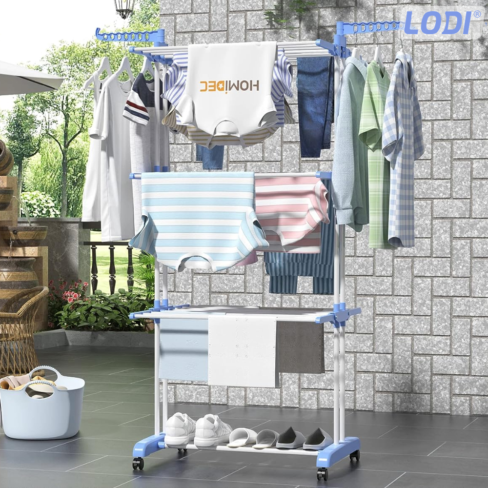 Uscator Vertical pentru Rufe si Haine Lodi290, 3 niveluri, mobil, pliabil, pentru spatii mici, suport umerase, cadru rezistent, inaltime 175cm, albastru