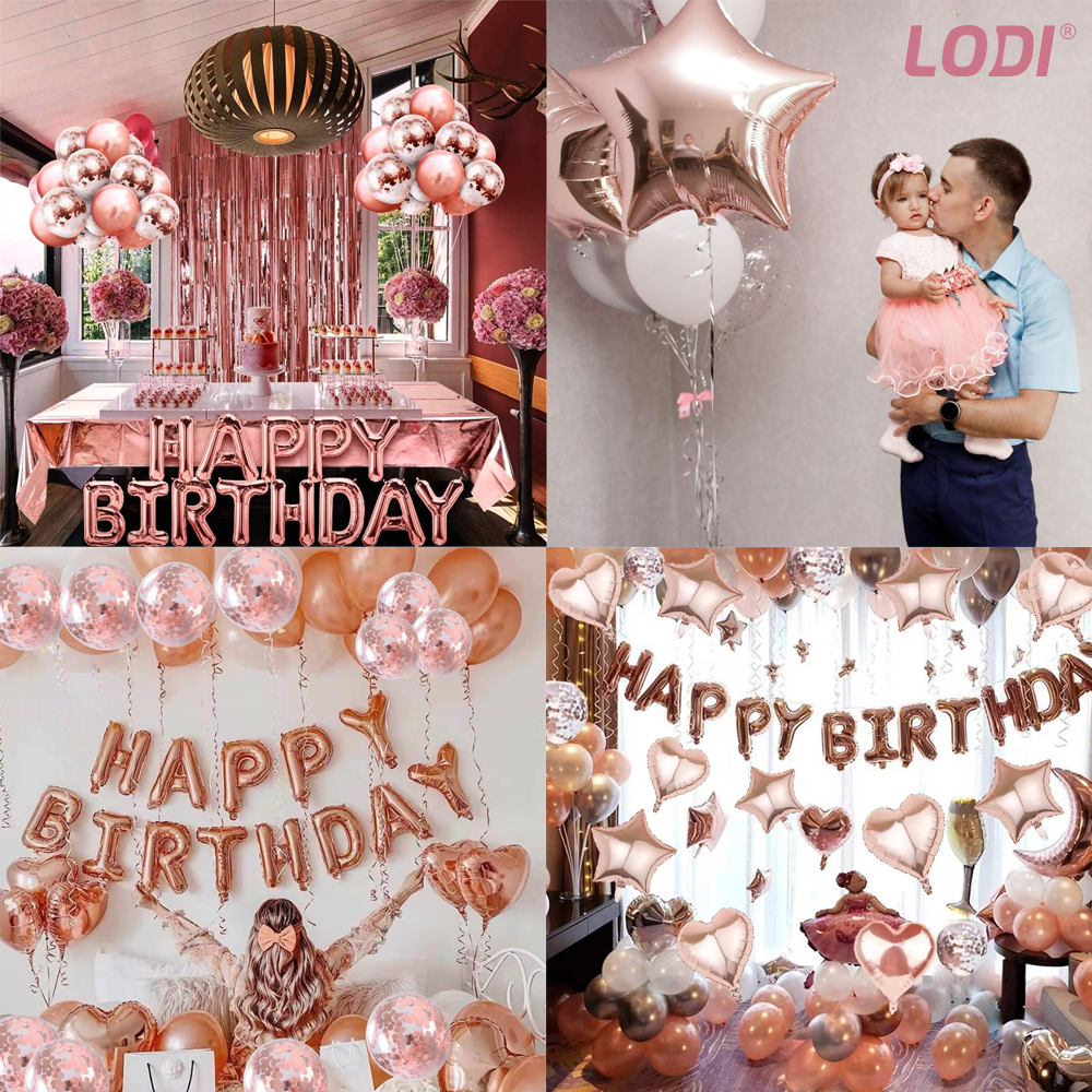 Set 27 Baloane Lodi757, Litere, pentru Petreceri/Aniversari/Evenimente, confetti, stelute, inimioare, model HAPPY BIRTHDAY, rose gold