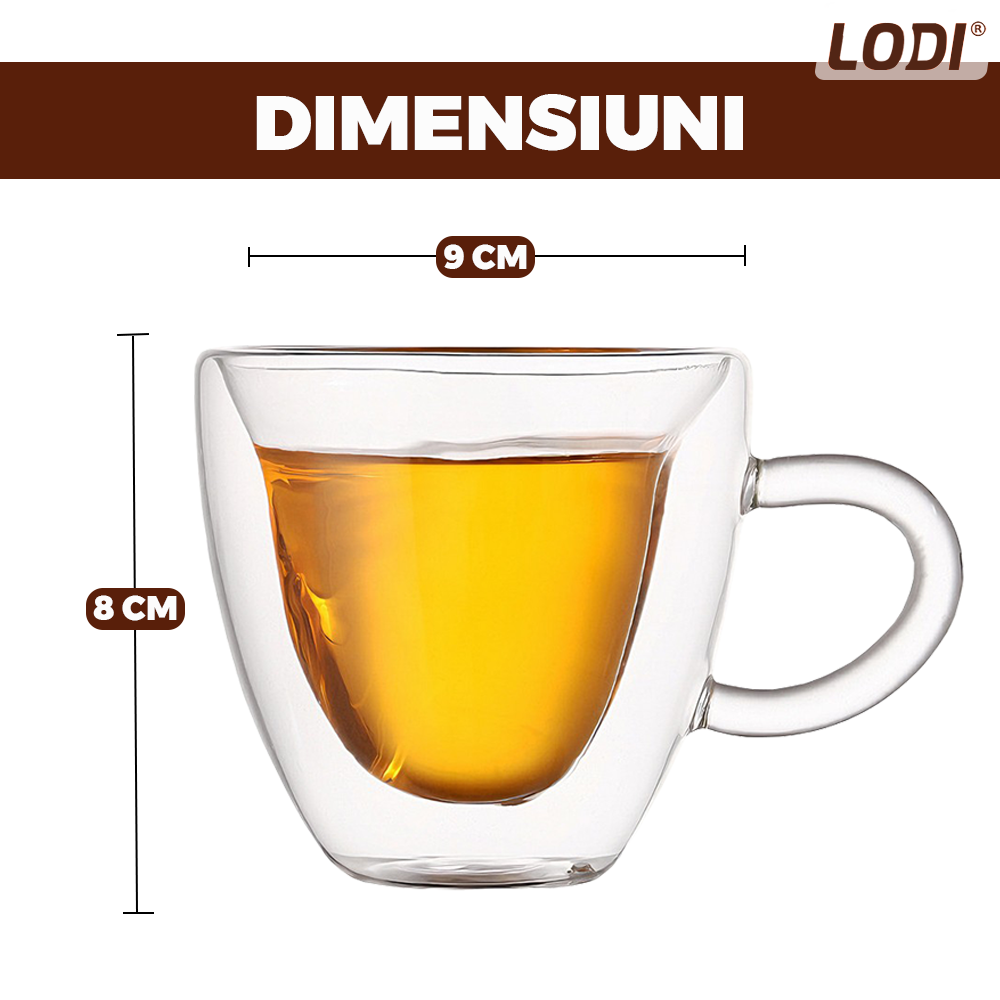 Set4 Cani de Sticla cu Perete Dublu Lodi1001, model inimioara, 4 farfurii suport, design modern, termorezistente, capacitate 250 ml, 9 x 8 cm