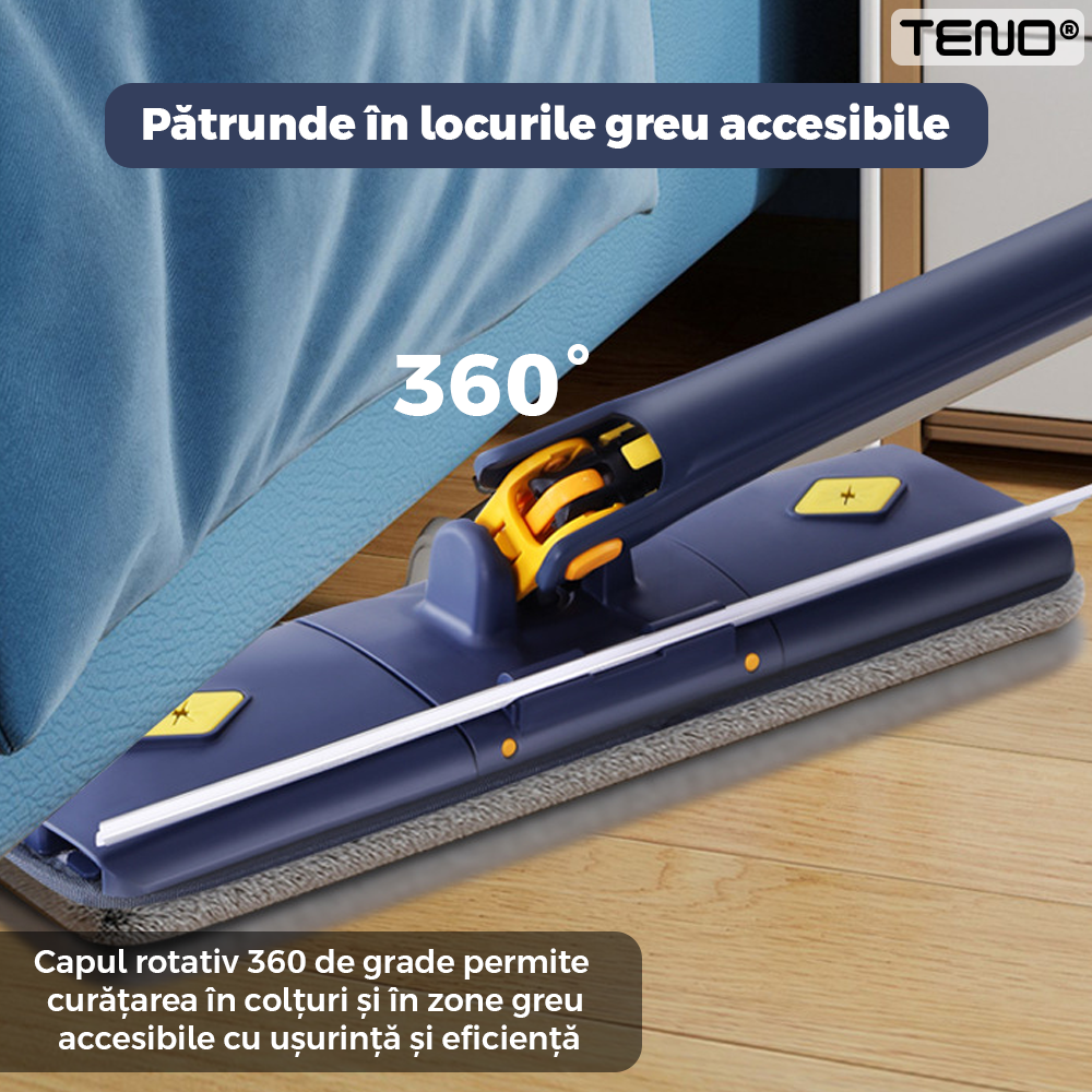 Mop cu Cap Dreptunghiular Lodi1159, rotire 360 grade, telescopic, curatare usoara, 5 lavete incluse, 105 cm, albastru/galben