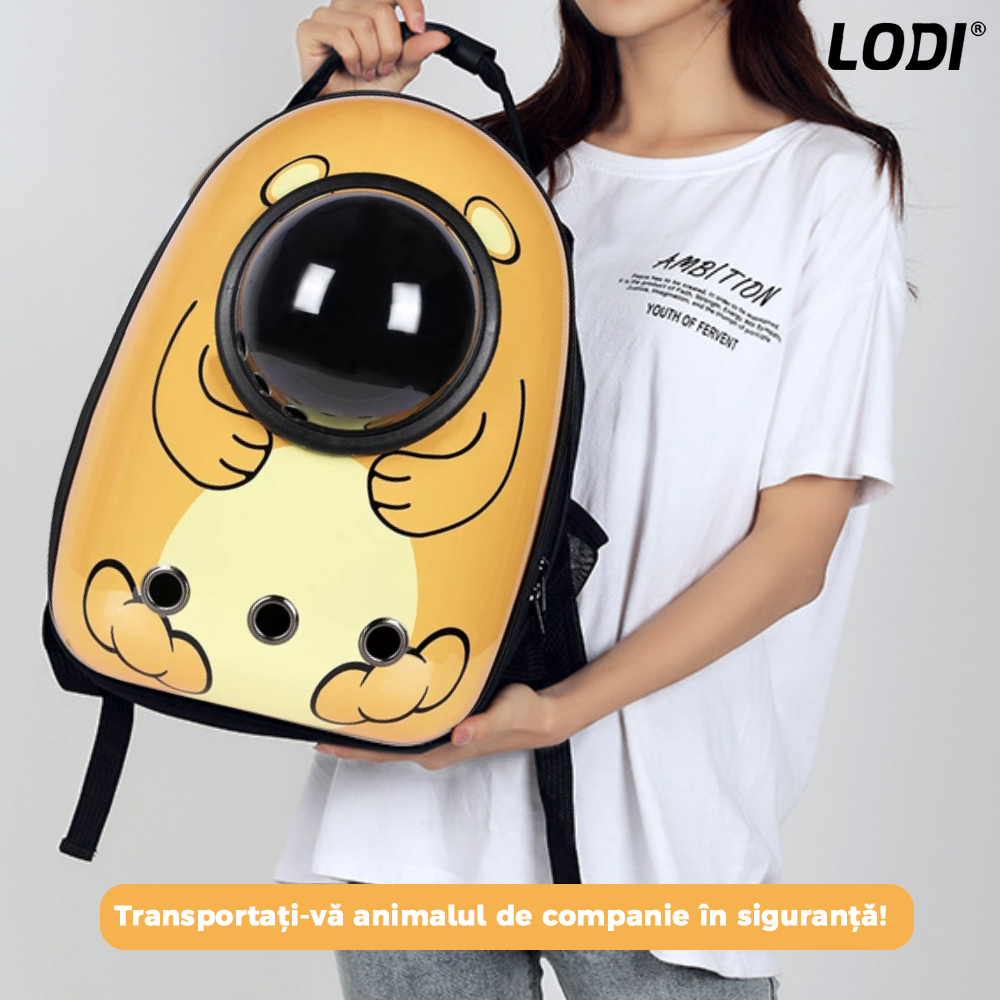 Rucsac Transport Animale Lodi28, greutate Max 7kg, hublou transparent, buzunar lateral, accesorii incluse, pentru talie mica, Urs, maro