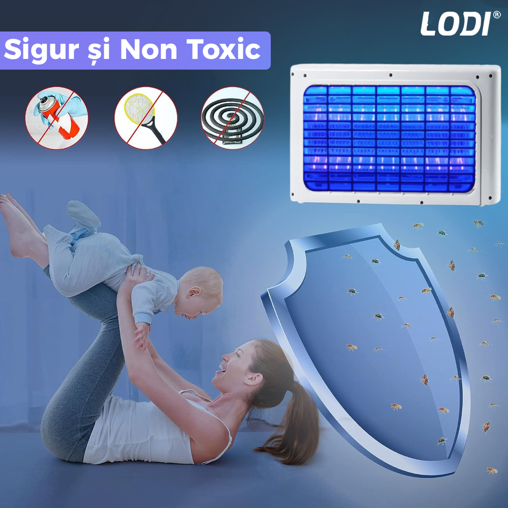 Aparat Electric Anti-Insecte Lodi223, 6W, Insectocutor cu 2x tuburi ultraviolete, raza de actiune 200 m², unghi de propagare 360º, design modern, alb