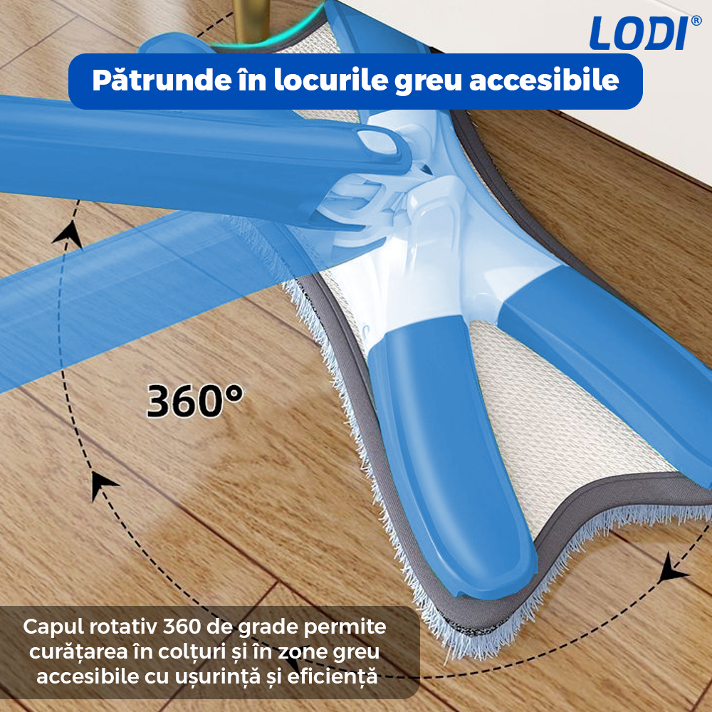 Mop cu Cap in Forma de X Lodi1147, rotire 360 grade, telescopic, curatare usoara, 5 lavete incluse, 123 cm, albastru deschis