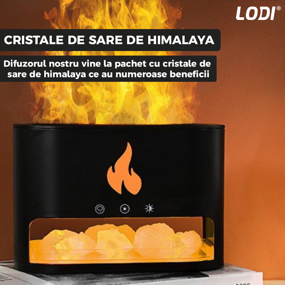 Difuzor Aromaterapie Lodi594, efect flacara, 4 culori LED, capacitate 250ml, cristale de sare de himalaya, silentios, umidifica aerul, negru