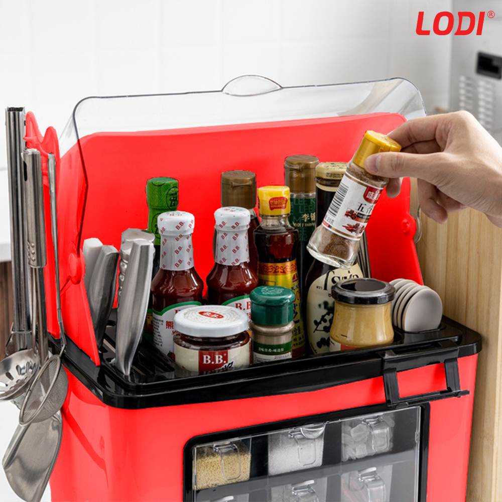 Organizator Multifunctional pentru Bucatarie Lodi484, suport sticle, rafturi pentru condimente, cuier pentru ustensile, suport cutite, 46 x 26 x 43 cm, rosu