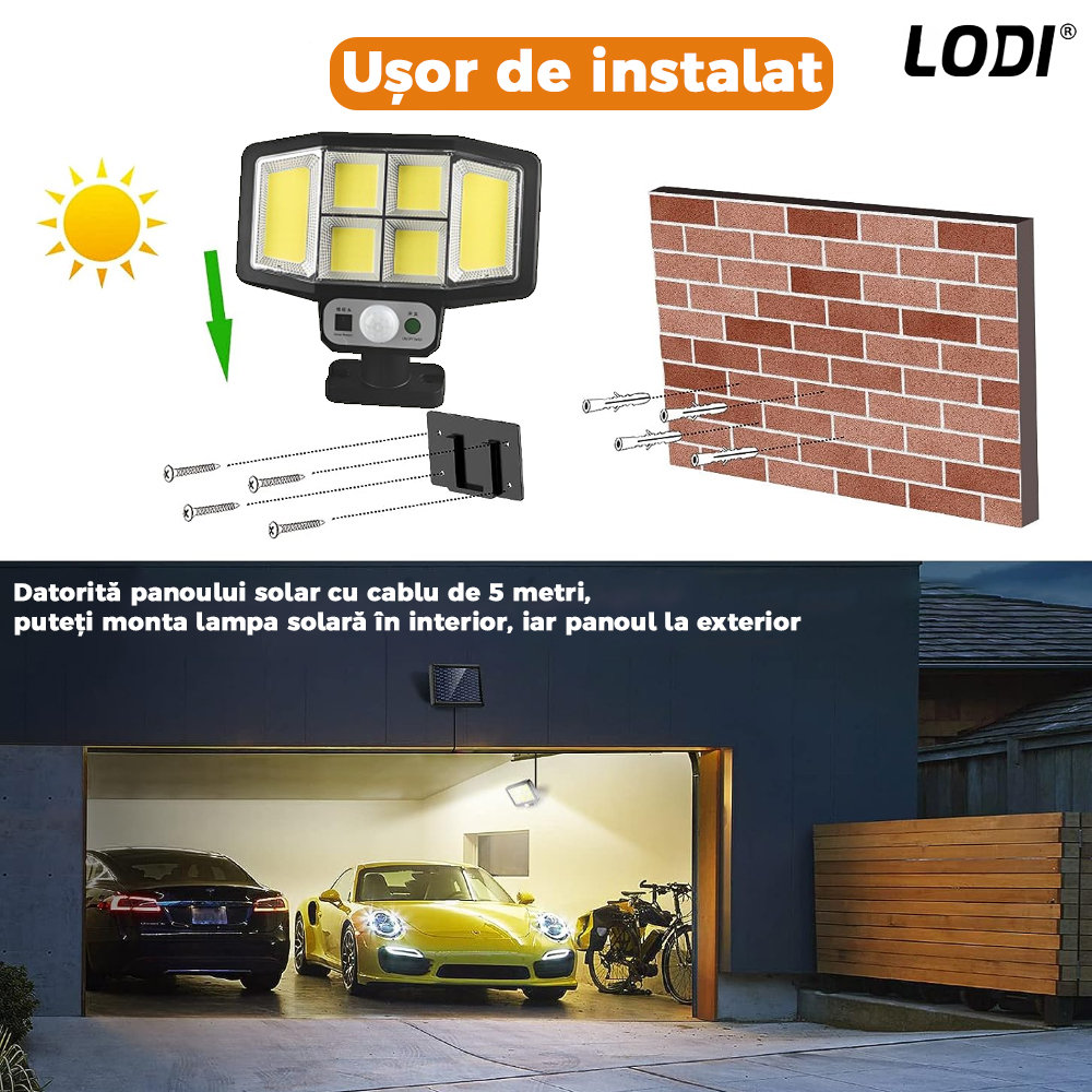 Lampa Solara 6 LED-uri Lodi888, senzor de miscare, control prin telecomanda, 3 moduri de iluminare, protectie IP65, Waterproof, exterior, negru