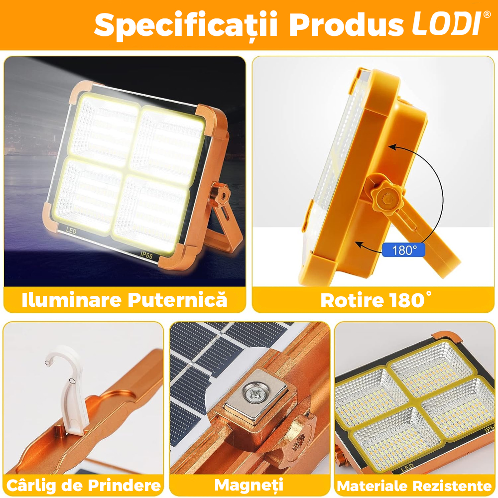 Lampa Solara 216 LED-uri Lodi267, 4 moduri de iluminare, protectie IP66, lumini de urgenta, power bank, portabila, Waterproof, exterior, portocaliu