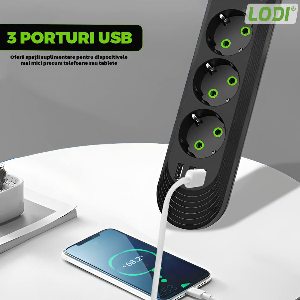 Prelungitor Lodi1279, 5 prize, 3 porturi USB, intrerupator, suport de agatare incorporat, rezistent la temperaturi inalte, universal, lungime 3 metri, negru