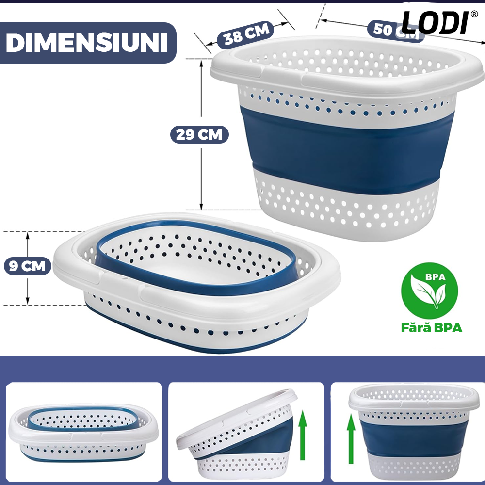 Cos de Rufe Pliabil cu Manere Lodi667, organizare si depozitare, multifunctional, compact, 42 litri, 50 x 38 x 29 cm, albastru