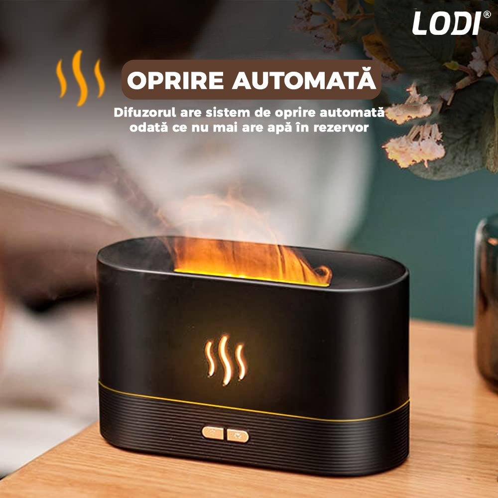 Difuzor Aromaterapie Lodi218, Efect Flacara, 2 trepte de luminozitate, oprire automata, capacitate 180ml, silentios, umidifica aerul, negru