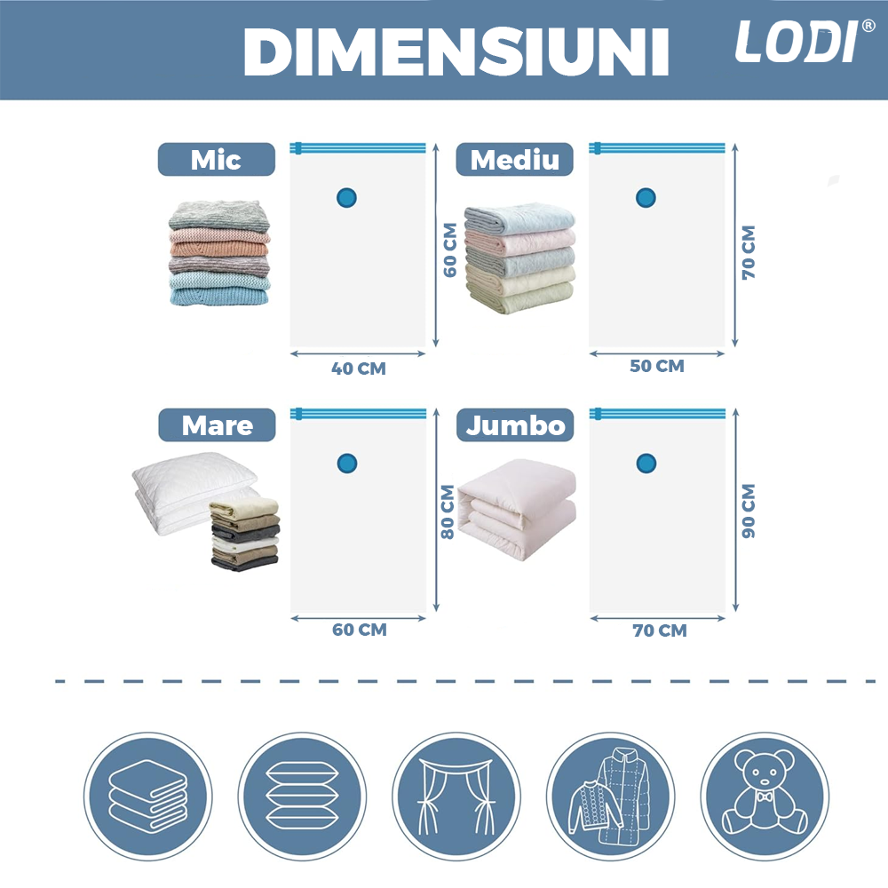 Set 12 Saci de Vidat Lodi1414, pentru imbracaminte, pilote, perne, rezistenti, valva tripla, materiale calitative, protectie waterproof, reutilizabili, vidare prin vacuum, 4 marimi, transparent/albastru
