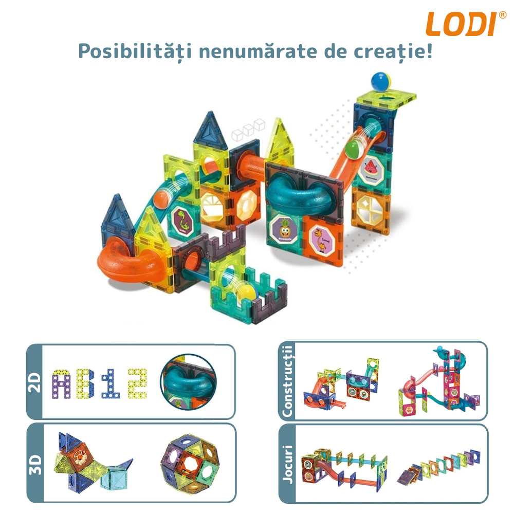 Set Inteligent si Creativ Magnetic 3D Lodi113, 96 Piese, traseu cu bile, creativ, numeroase posibilitati de construit, dezvoltarea abilitatilor motrice si a imaginatiei, multicolor