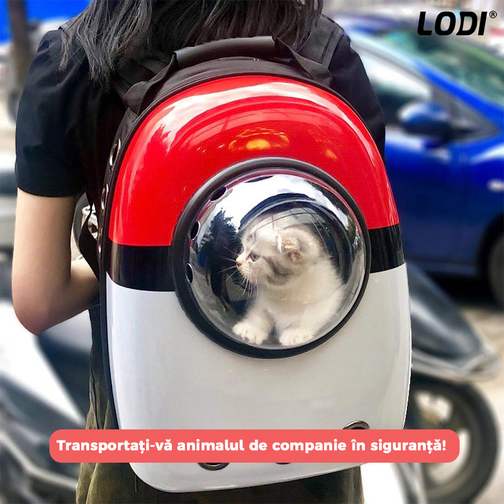 Rucsac Transport Animale Lodi46, greutate Max 7kg, hublou transparent, buzunar lateral, accesorii incluse, pentru talie mica, model Pokeball, rosu