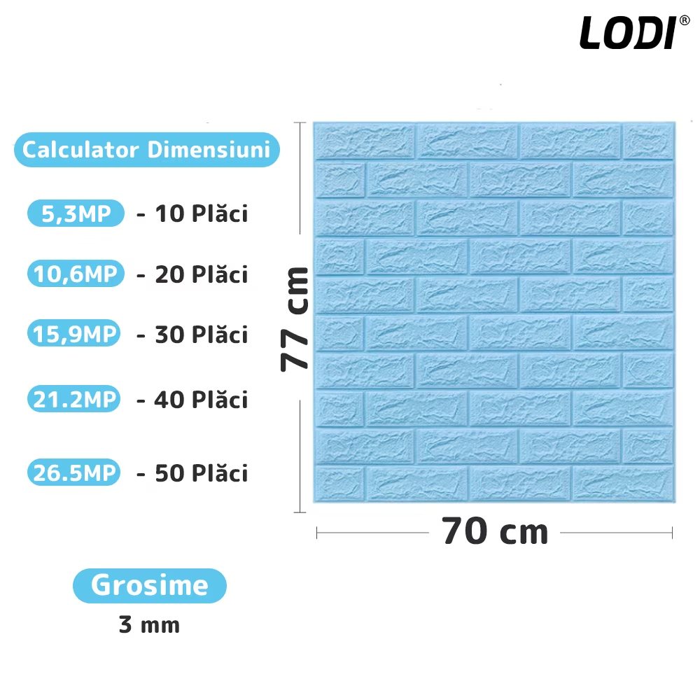 Set Tapet Caramida 3D Lodi52, suprafata acoperire 5.3 mp, autoadeziv, waterproof, usor de montat, design modern, 70x77 cm, albastru