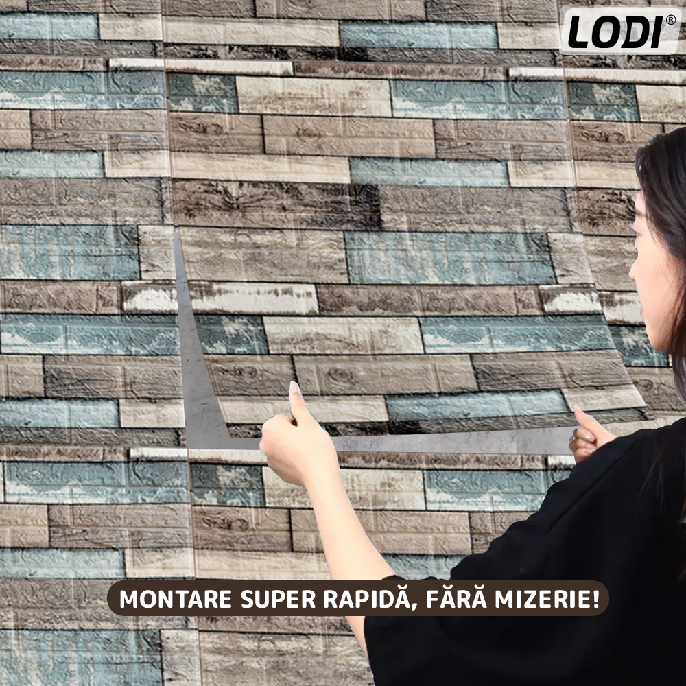 Set 10x Tapet Caramida 3D Lodi1091, Model Lemn, suprafata acoperire 4.9 mp, autoadeziv, waterproof, usor de montat, design modern, 70x70 cm, maro verde