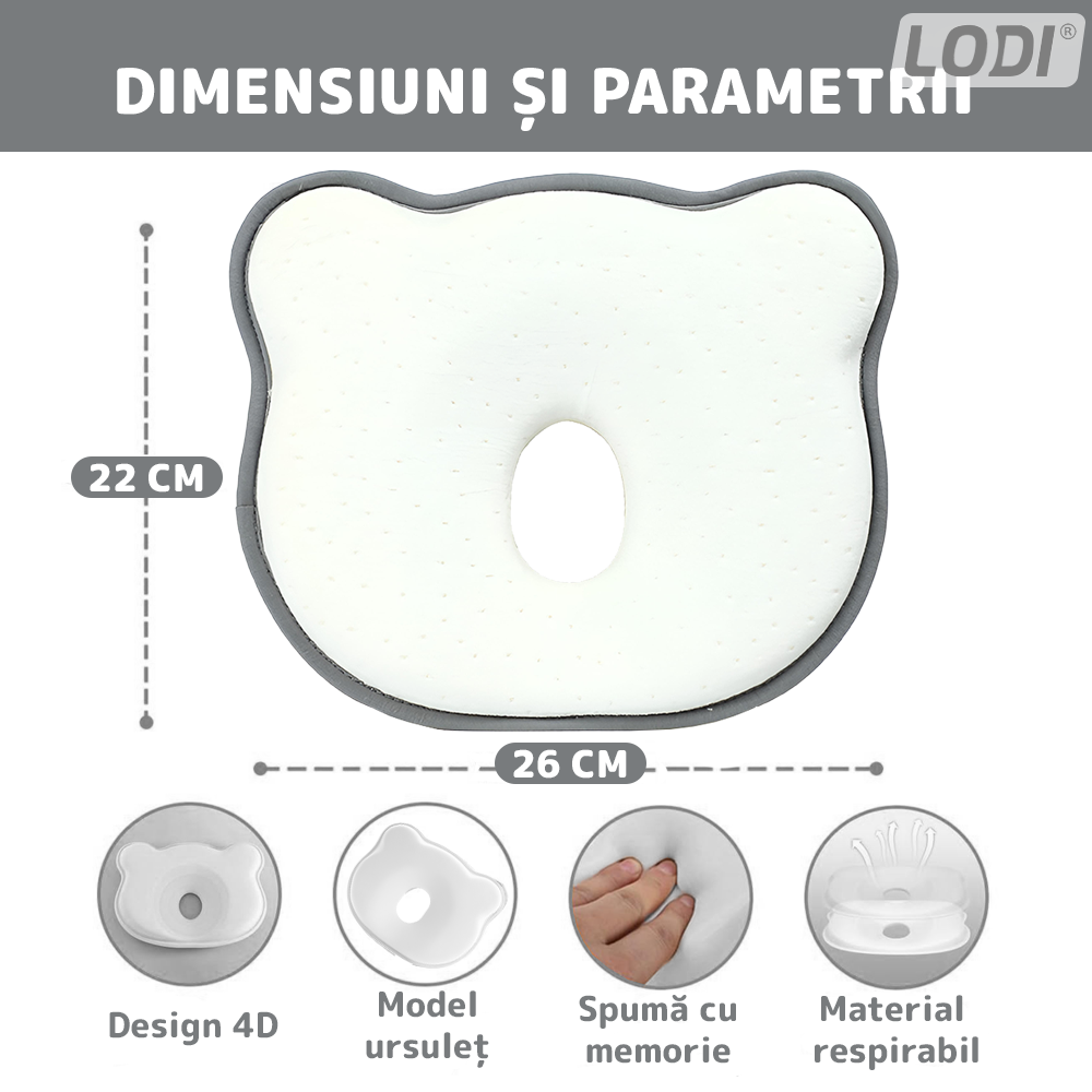 Perna pentru Bebelusi Lodi993, model ursulet, husa de protectie inclusa, spuma cu memorie, anti-plagiocefalie, pentru formarea capului, 26x22 cm, alb