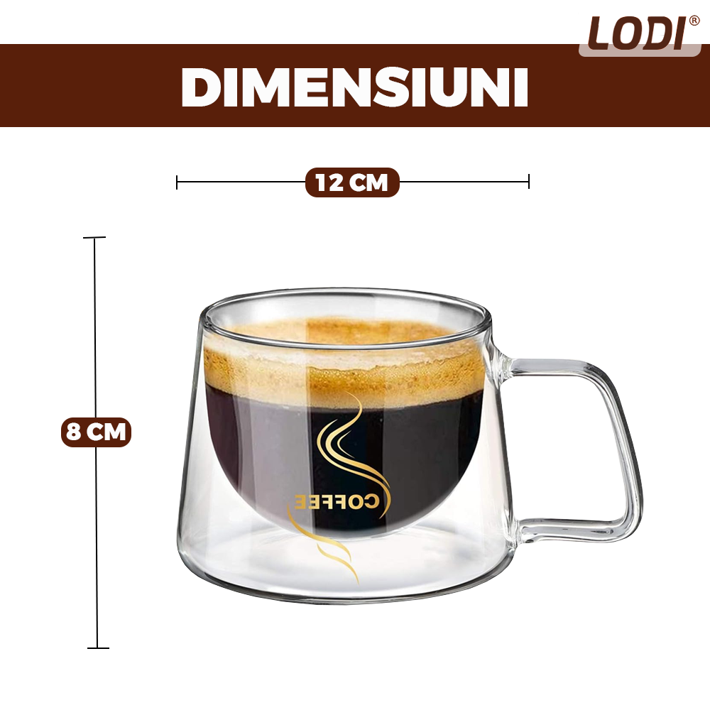 Set 4 Cani de Sticla cu Perete Dublu Lodi1004, model COFFEE, design modern, termorezistente, capacitate 200 ml, 12 x 8 cm