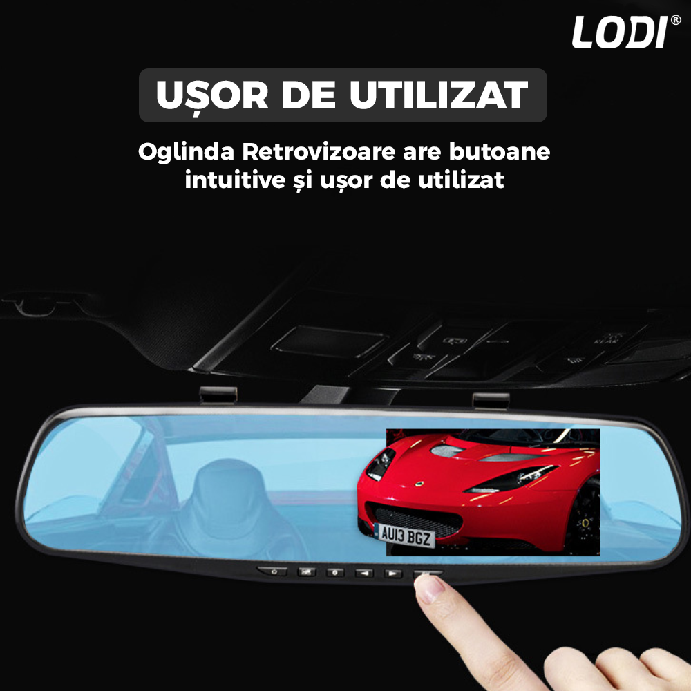 Oglinda Auto Retrovizoare cu Camera Duala Lodi493, video Full HD 1080P, senzor G, 32GB, Night Vision, Display 2.8 inch, linii ghidaj parcare, negru