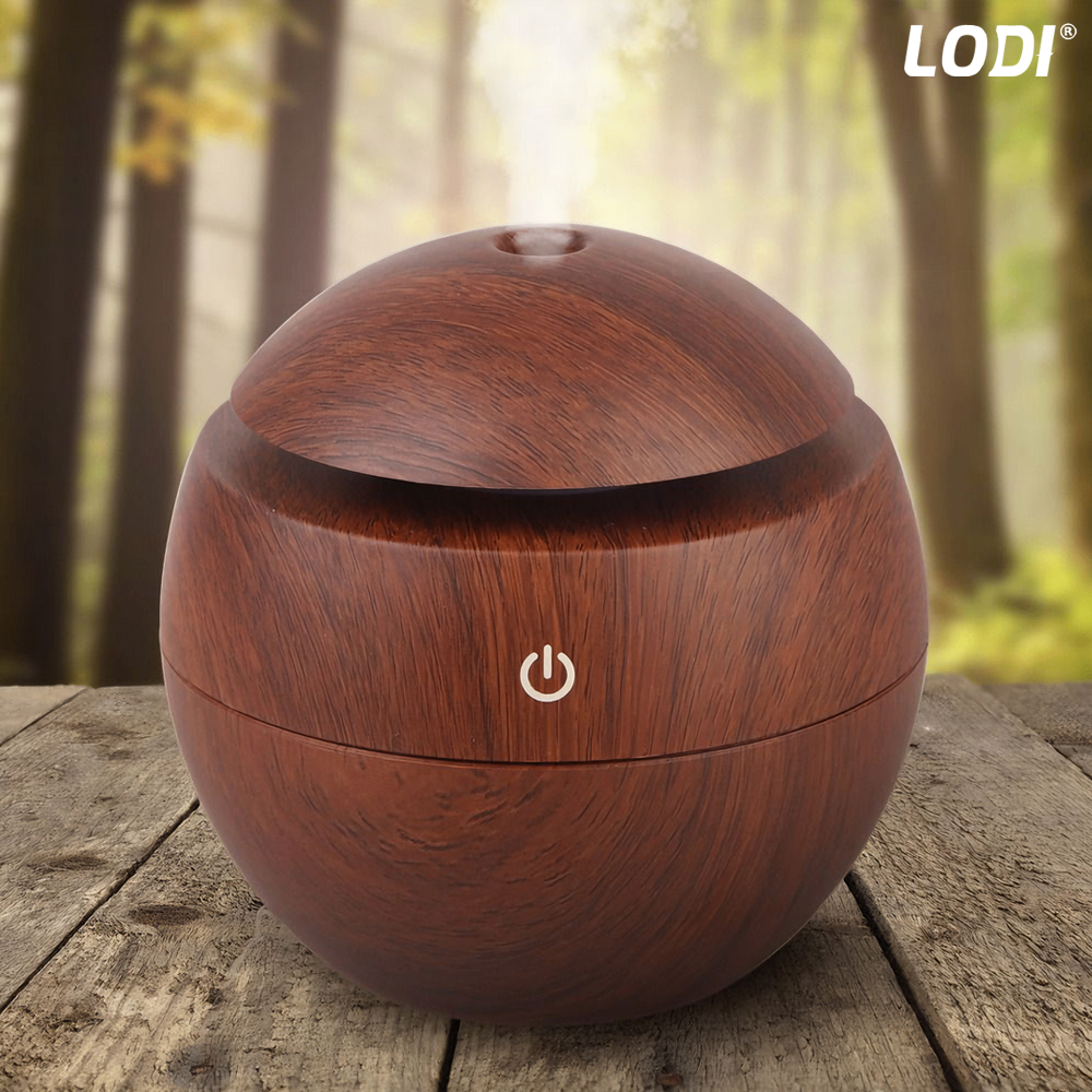 Difuzor Aromaterapie Lodi1465, forma de sfera, 7 culori LED, lumini dinamice, control tactil, capacitate 130ml, silentios, rezerva inclusa, umidifica aerul, stejar inchis