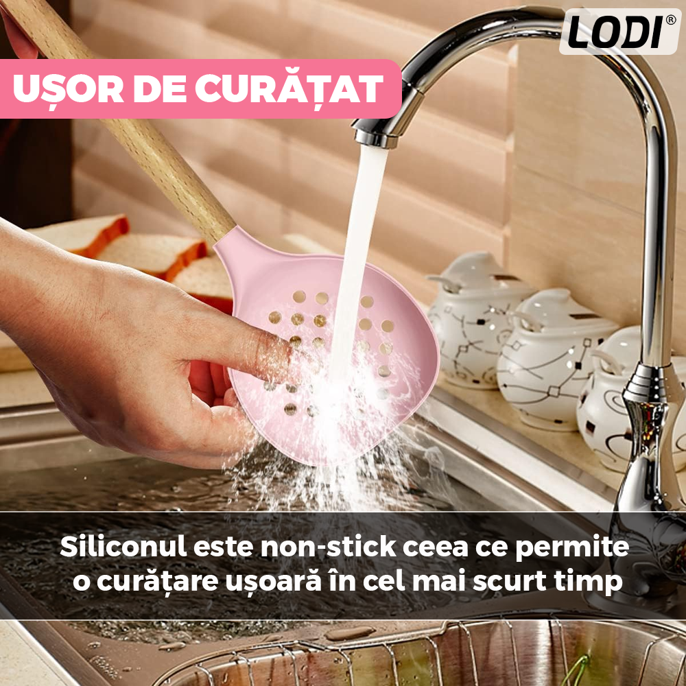 Set Ustensile Bucatarie 12 Piese Silicon Alimentar Lodi1496, termorezistente, antiaderente, sigure, suport inox, roz
