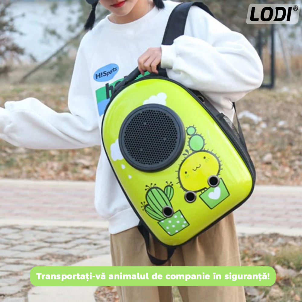 Rucsac Transport Animale Lodi27, greutate Max 7kg, hublou transparent, buzunar lateral, accesorii incluse, pentru talie mica, model Cactus, verde