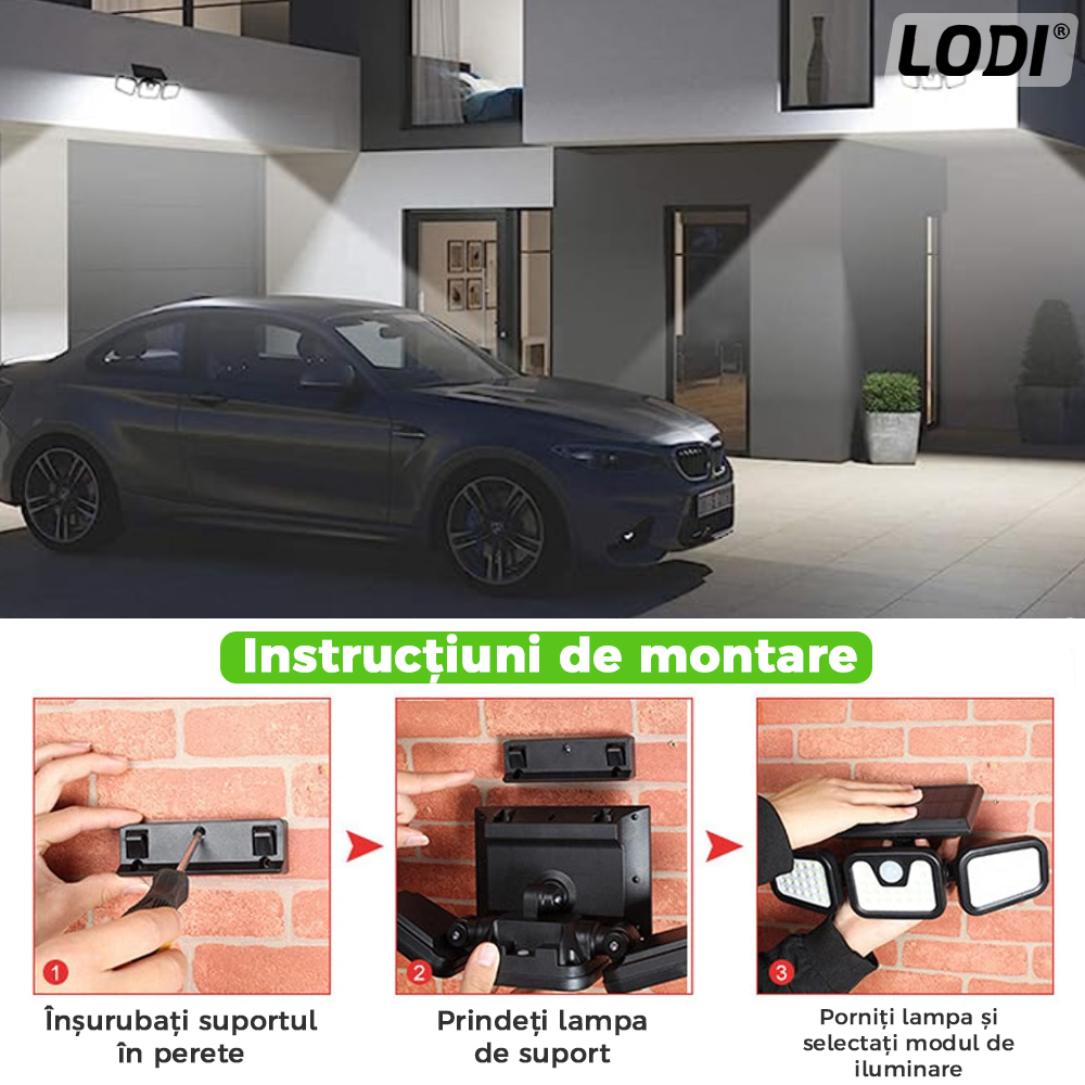Lampa Solara Tripla 72 LED-uri Lodi64, senzor de miscare, 3 moduri de iluminare, protectie IP67, Waterproof, exterior, negru