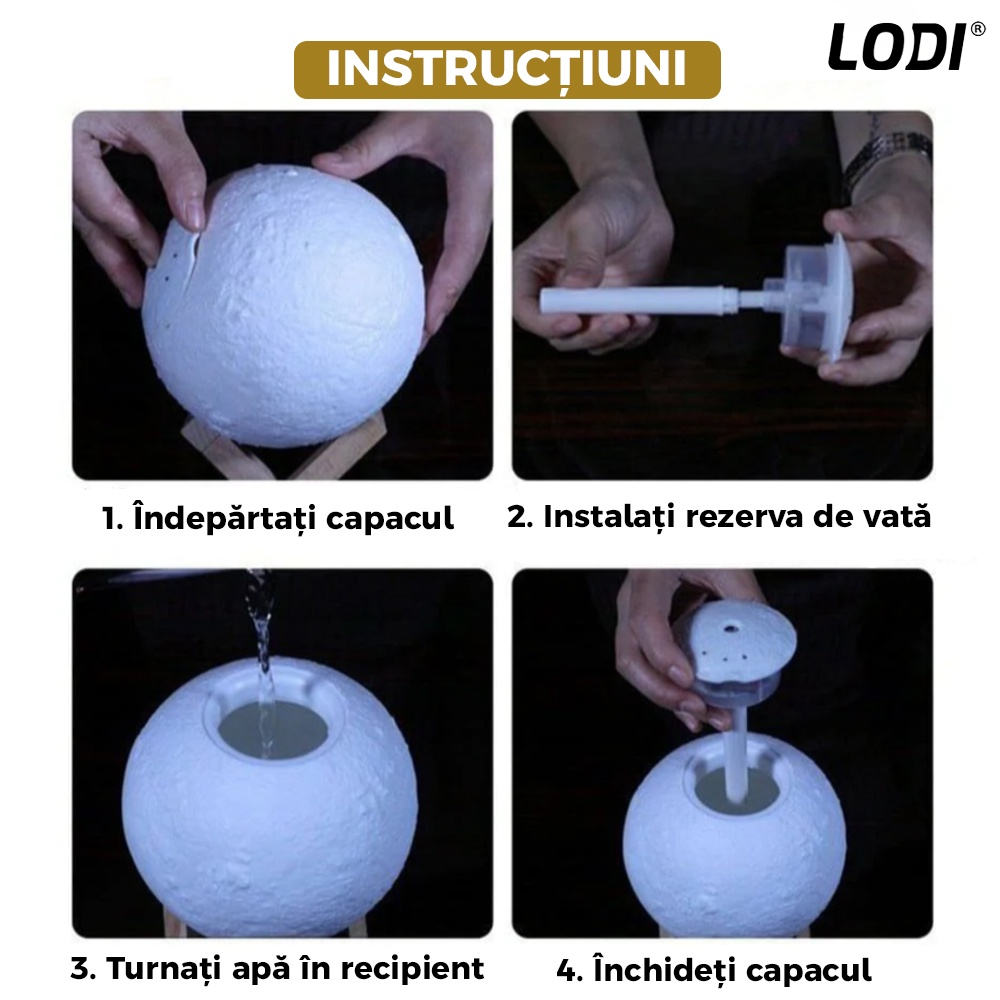 Difuzor Aromaterapie 2in1 Lodi1307, 3 moduri de iluminare, capacitate 880ml, lampa de veghe, silentios, alimentare USB, model luna, umidifica aerul, alb