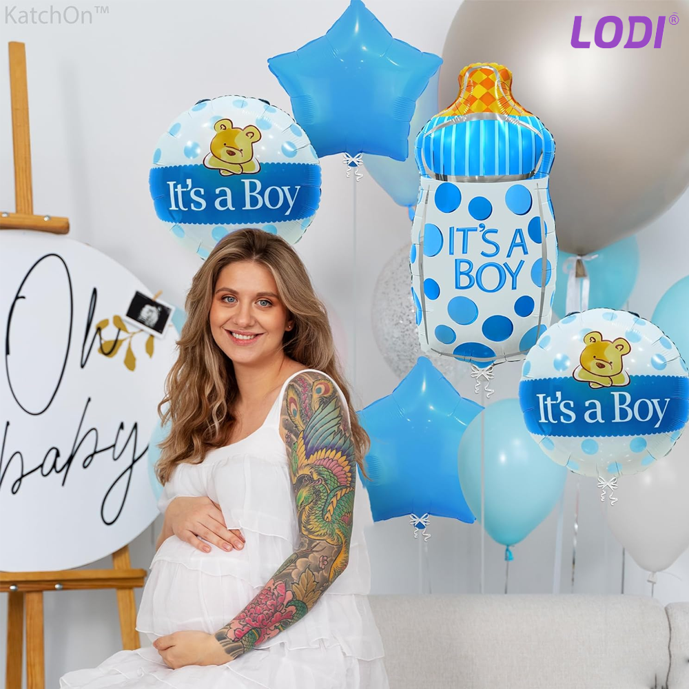 Set 7 Baloane Lodi751, pentru Petreceri/Evenimente, baloane bebe, biberon, caciulita, confetti, model GENDER REVEAL, multicolor