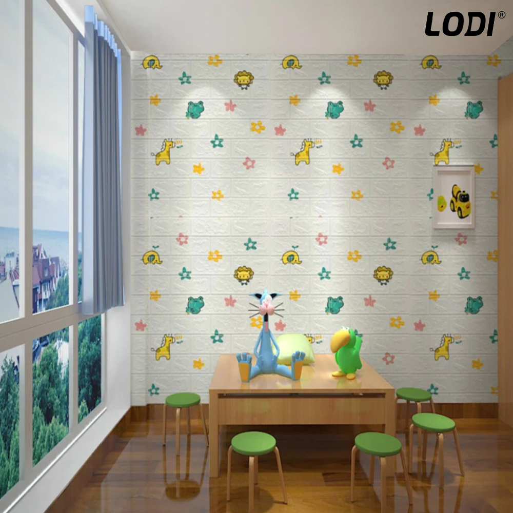 Set Tapet Caramida 3D Lodi75, model Animalute, autoadeziv, suprafata acoperire 5.3 mp, waterproof, usor de montat, design modern, 70x77 cm, alb